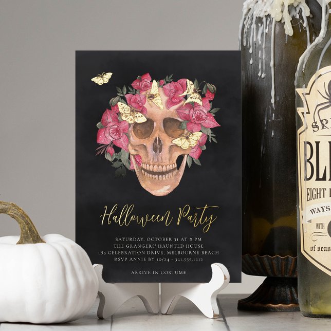 Rosa Orchid Blumenschädel Halloween-Party Folieneinladung (Von Creator hochgeladen)