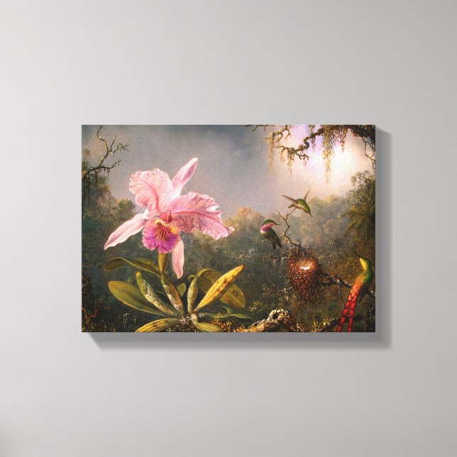 Rosa Orchid und Drei Hummingvögel Leinwanddruck (Vorderseite)