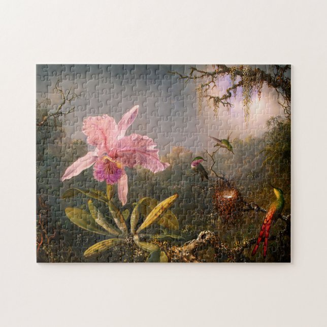 Rosa Orchid und Drei Hummingvögel Puzzle (Horizontal)