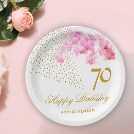 Rosa Orchid Watercolor Gold Glitzer 70. Geburtstag Pappteller