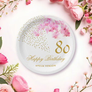 Rosa Orchid Watercolor Gold Glitzer 80. Geburtstag Pappteller