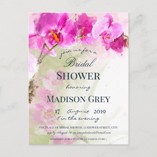 Rosa Orchid Watercolor Splash Brautparty Postkarte (Vorderseite)