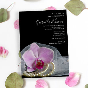 Rosa Orchidee und Perlen auf Schwarzer Hochzeit Einladung