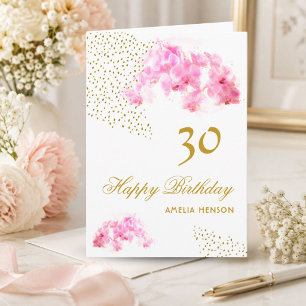 Rosa Orchidee Wasserfarbe Gold Glitter 30. Geburts Karte