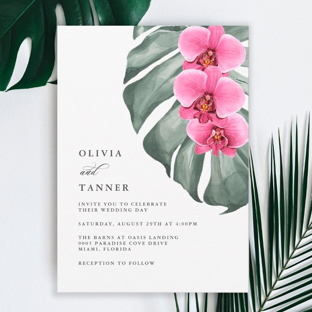Rosa Orchideen auf der Monstera Tropische Hochzeit Einladung (Von Creator hochgeladen)
