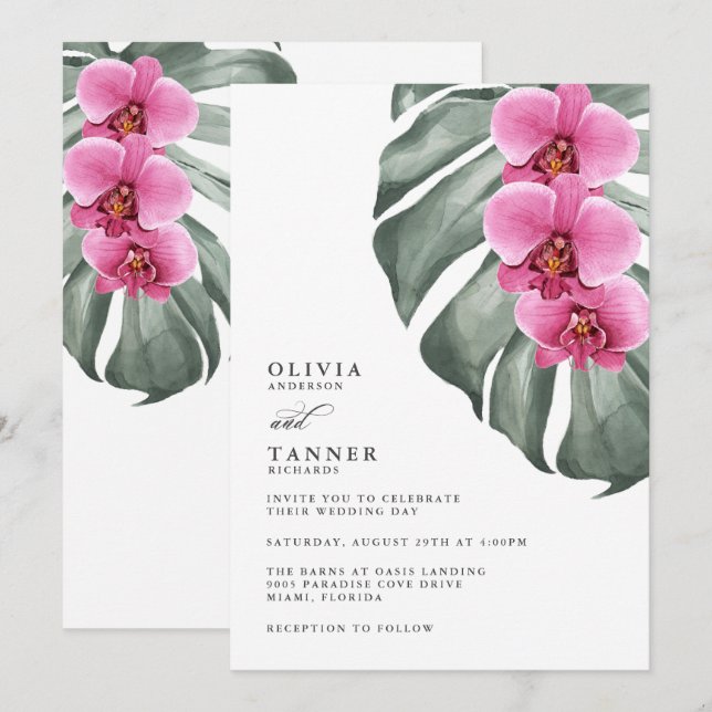 Rosa Orchideen auf der Monstera Tropische Hochzeit Einladung (Vorne/Hinten)