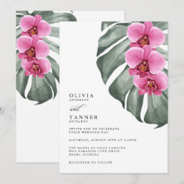 Rosa Orchideen auf der Monstera Tropische Hochzeit Einladung