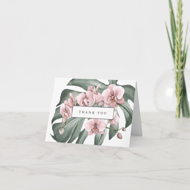 Rosa Orchideen auf Monstera Lush Tropical Vielen D Dankeskarte (Vorderseite)