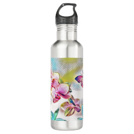 Rosa Orchideen Blume und Schmetterlinge Edelstahlflasche