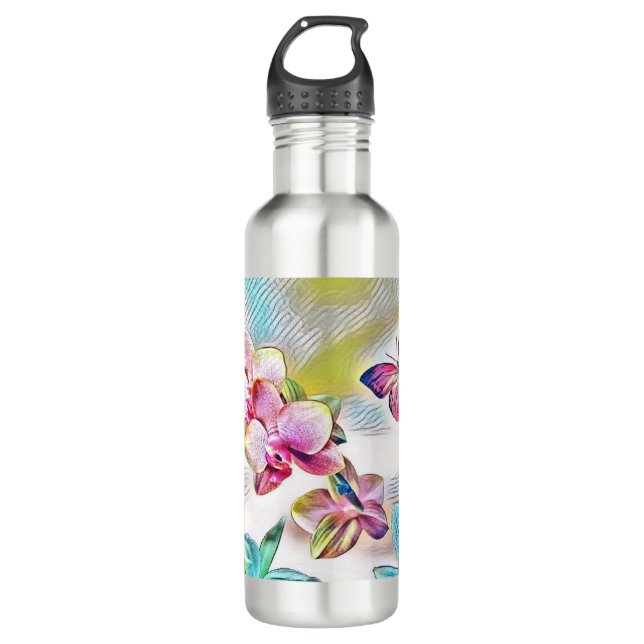 Rosa Orchideen Blume und Schmetterlinge Edelstahlflasche (Vorderseite)