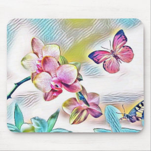 Rosa Orchideen Blume und Schmetterlinge Mousepad