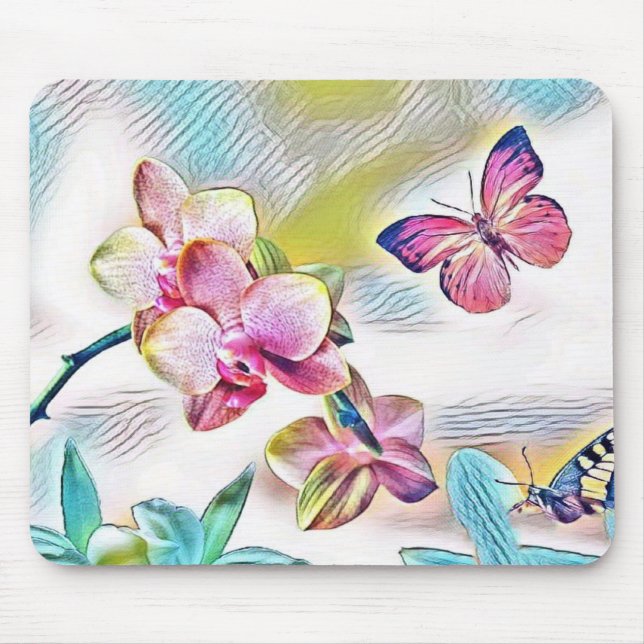 Rosa Orchideen Blume und Schmetterlinge Mousepad (Vorne)