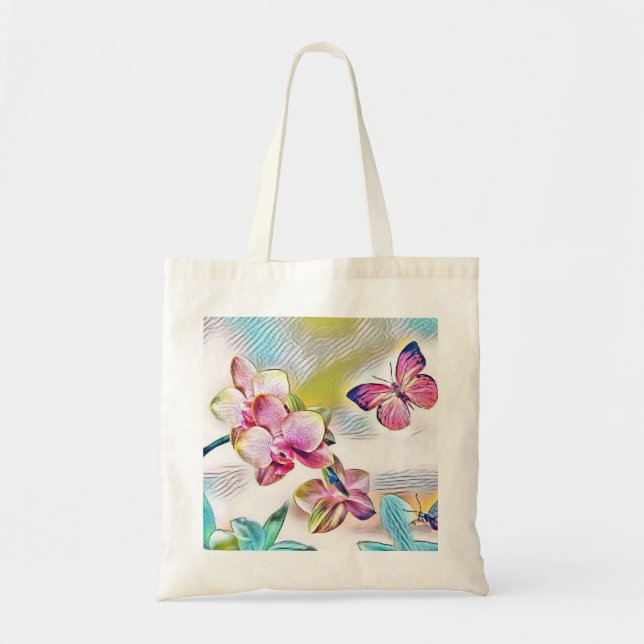 Rosa Orchideen Blume und Schmetterlinge Tragetasche (Vorne)