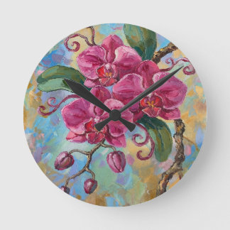 Rosa Orchideen-Blumenmalerei Runde Wanduhr