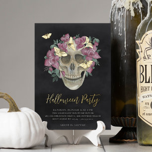 Rosa Orchideen-Blumenschädel-Halloween-Party Folieneinladung