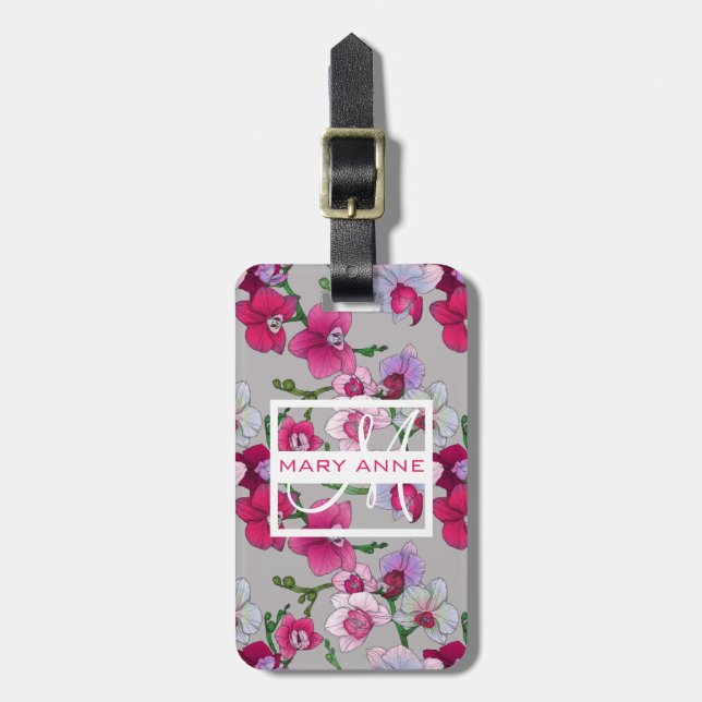 Rosa Orchideen dem Monogramm in der Blüten-| Gepäckanhänger (Vorderseite vertikal)