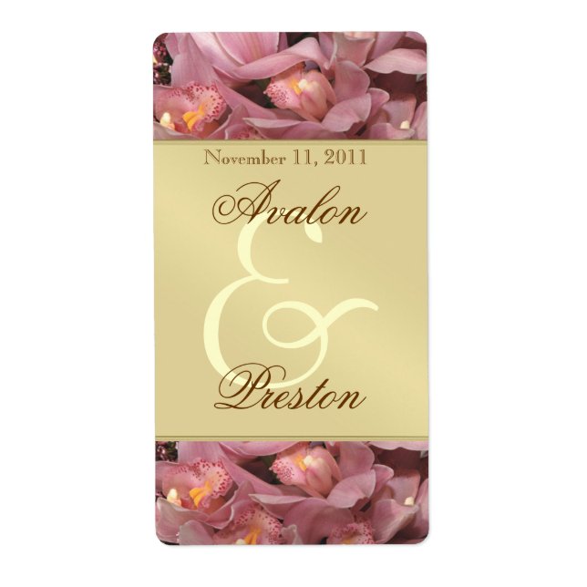 Rosa Orchideen Goldweine Hochzeitslabel (Vorne)