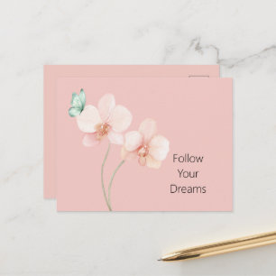 Rosa Orchideenblüten Mintgrüner Schmetterling Postkarte