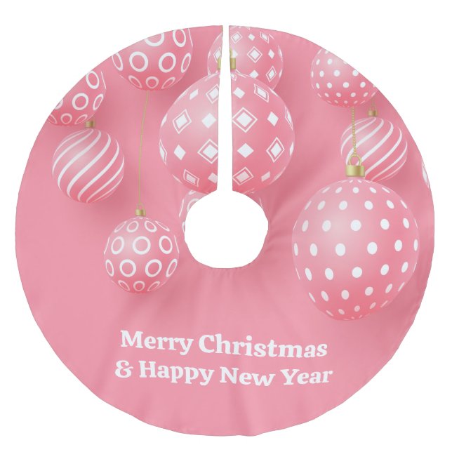Rosa Ornamente frohe Weihnachten und glückliches n Polyester Weihnachtsbaumdecke (Vorderseite)