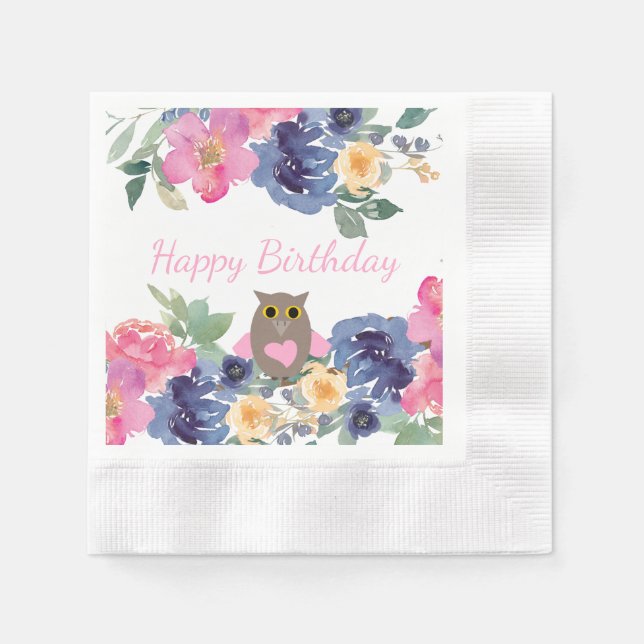 Rosa Owl Aquarell Blumengeburt Serviette (Vorderseite)