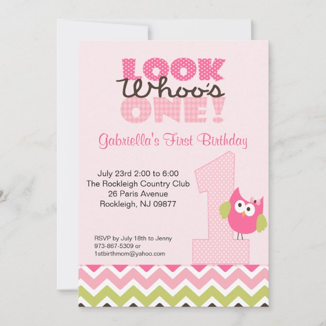 Rosa Owl Große Nummer Eins 1. Geburtstag Einladung (Vorderseite)
