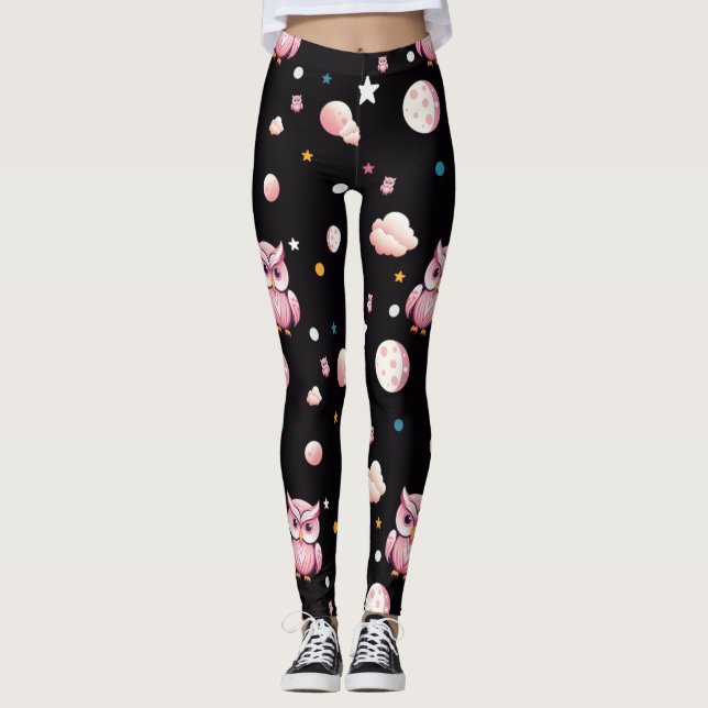 Rosa Owl Moonlight Muster Leggings (Vorderseite)