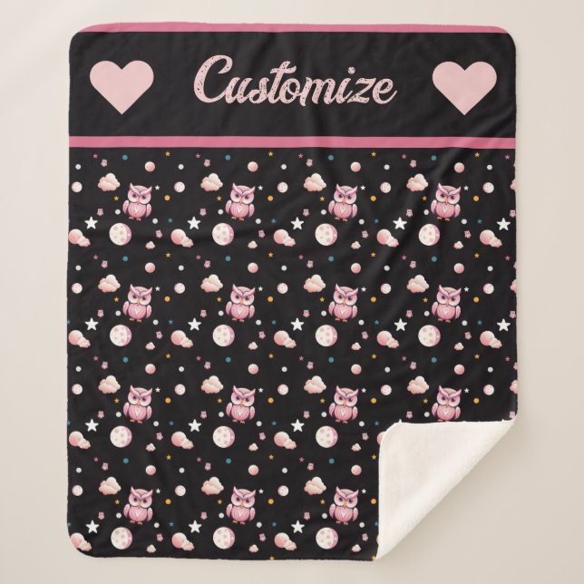 Rosa Owl Moonlight Muster Sherpadecke (Vorderseite)