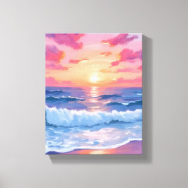 Rosa Ozeanwellen Sonnenuntergang Wasserfarbe Leinwanddruck