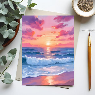 Rosa Ozeanwellen Sonnenuntergang Wasserfarbe Postkarte