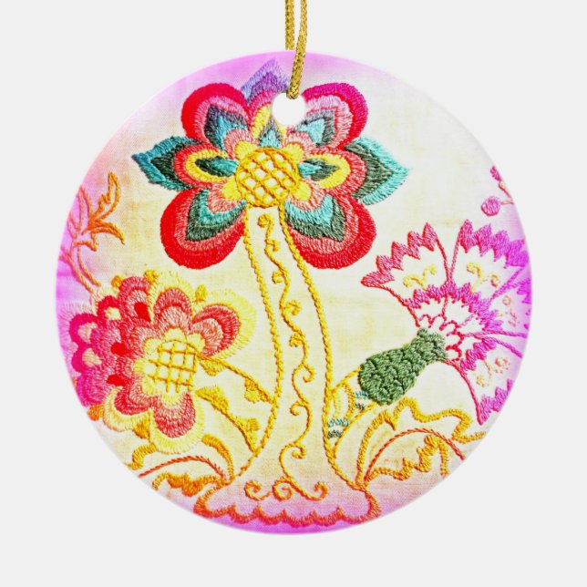 Rosa Palme im Hippie-Stil/ gelbe Herzverzierung Keramik Ornament (Vorne)