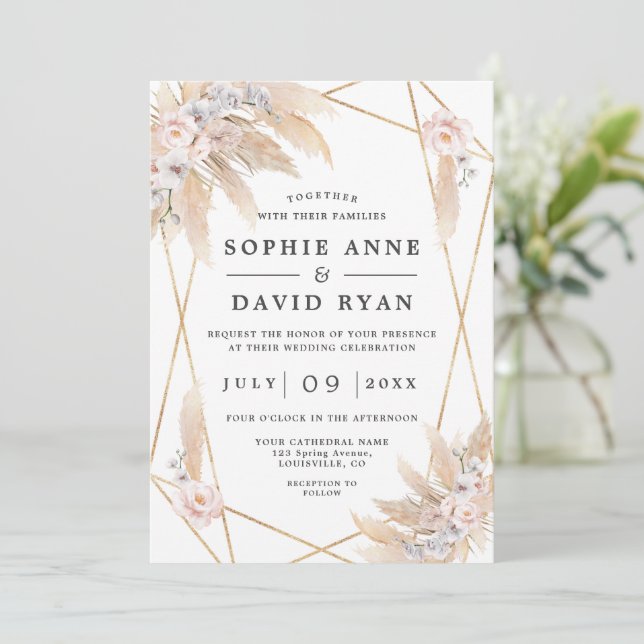 Rosa Pampas-Gras-Gold auf einer Hochzeit Einladung (Stehend Vorderseite)