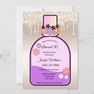 Rosa Parfüm Flasche Gold Glitzer süß 16 Party Einladung