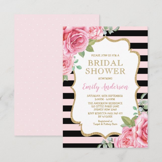 Rosa Paris Brautparty Wasserfarben Rose Hochzeit Einladung (Vorne/Hinten)