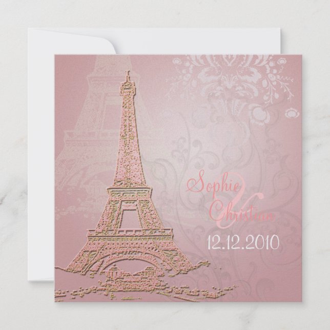 Rosa Paris Eiffel + Wirbel Hochzeitsfeiern Einladung (Vorderseite)
