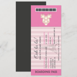 Rosa Paris Flugschein Baby Shower Einladung