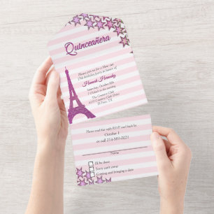 Rosa Paris Thema Quinceañera All In One Einladung