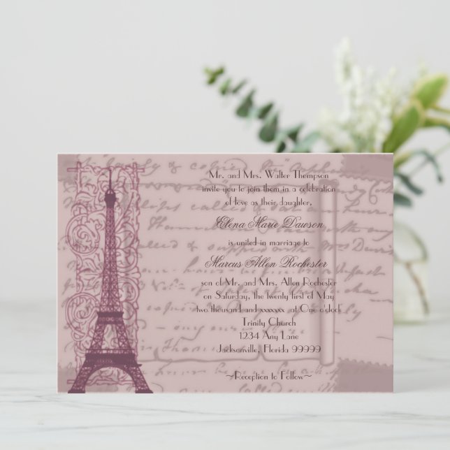 Rosa Pariser Hochzeitseinladung Einladung (Stehend Vorderseite)