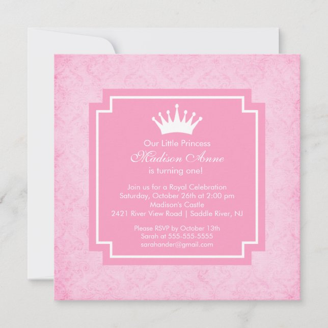 Rosa Party Einladung Prinzessin-Crown Birthday (Vorderseite)