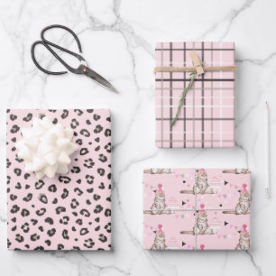 Rosa Party Katze Geburtstag, Streifen und Tafeln Geschenkpapier Set