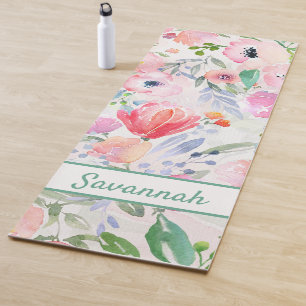 Rosa Pastell-Blumenmuster Roségold weißes Monogram Yogamatte