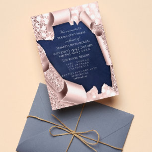 Rosa Pastell-Puder 3D Rahmen Blau Navy Einladung