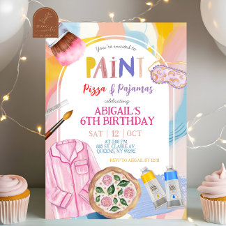 Rosa Pastellfarben-Mal-Pizza-und-Pyjama-Party Einladung