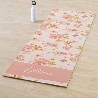 Rosa pastellfarbene Blume Aquarell Monogramm Name Yogamatte