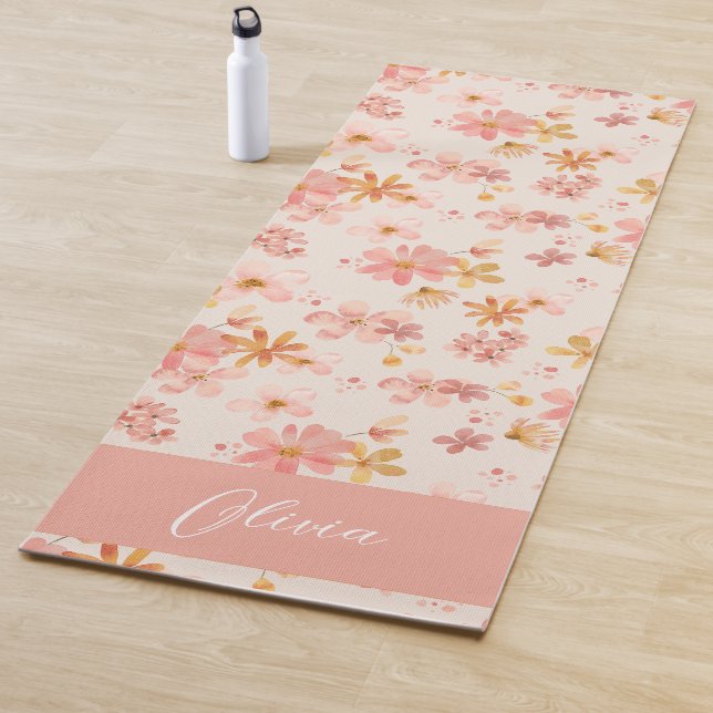 Rosa pastellfarbene Blume Aquarell Monogramm Name Yogamatte (Beispiel)