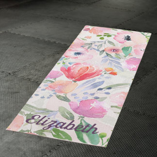 Rosa pastellfarbene Blumen Wasserfarbener Name Yogamatte