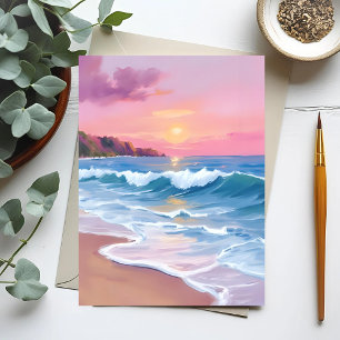 Rosa Pastellhimmel   Ozean-Wasserfarben-Wellen am  Postkarte