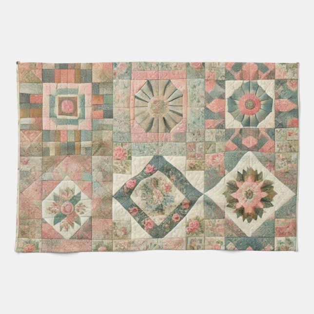 Rosa Patchwork Quilt Rustikale Blumenmuster Geschirrtuch (Horizontal)