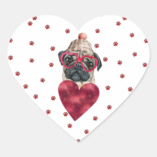 Rosa Paws Herzblut Mops Valentinin Herz-Aufkleber (Vorderseite)