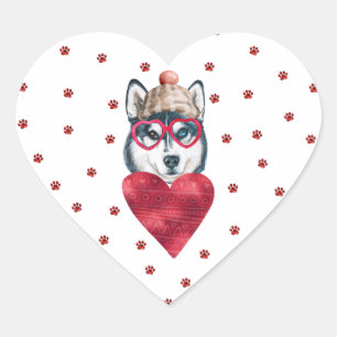 Rosa Paws Sibirischer Husky-Hund Valentinin Herz-Aufkleber