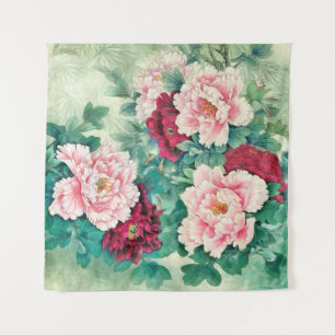 Rosa Peonies und grüne Blätter Wandteppich